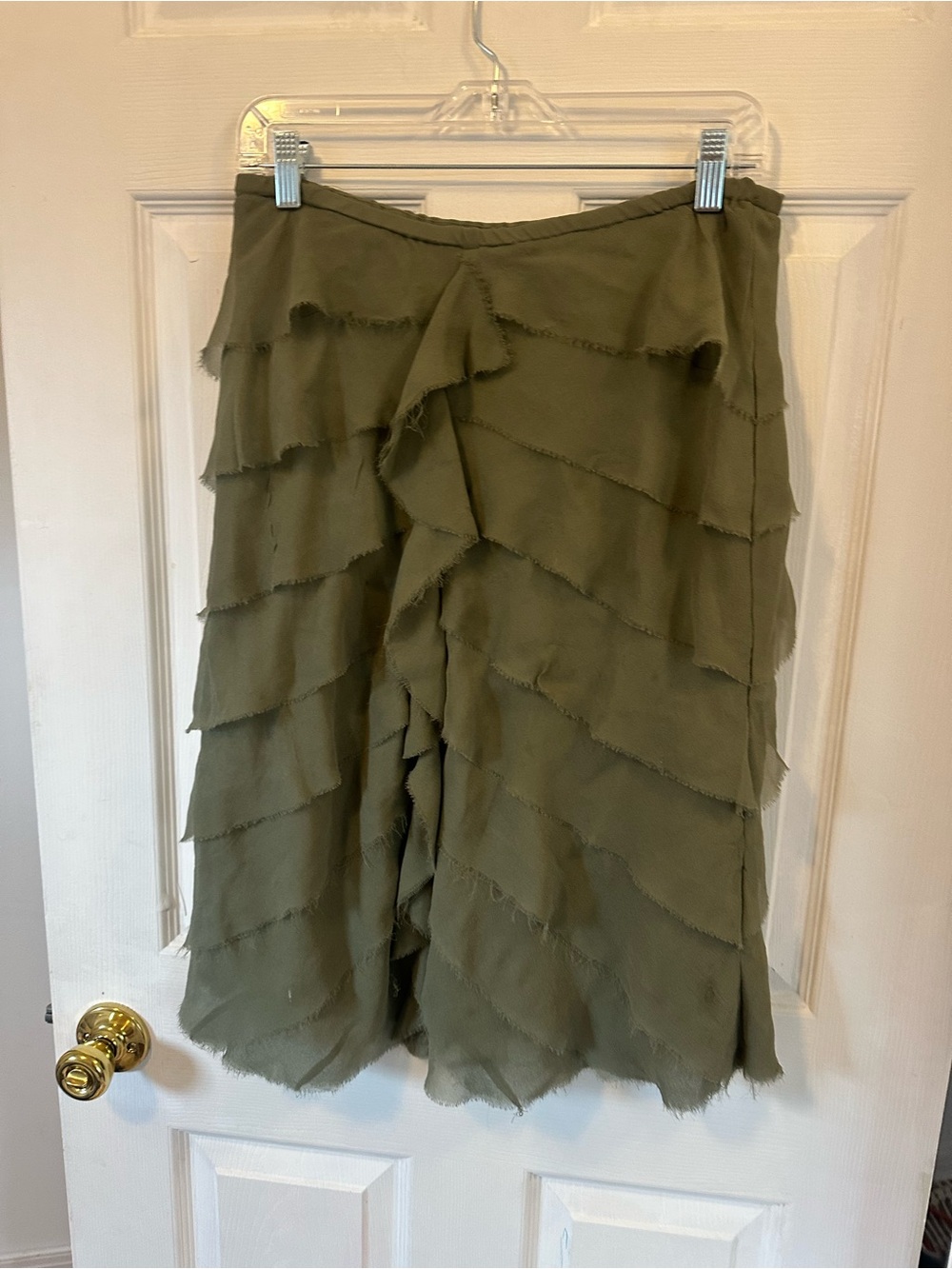 Sunny Leigh Silk Olive Tiered Ruffle Midi Skirt